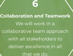 6 Collaboration and Teamwork   We will work in a  collaborative team approach  with all stakeholders to  deliver excellence in all  that we do.